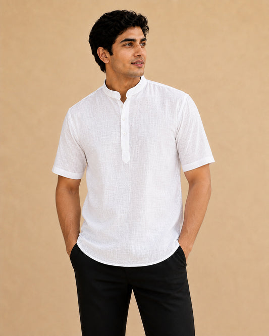 Pure White Lyocell Linen Short Kurta Half Sleeves