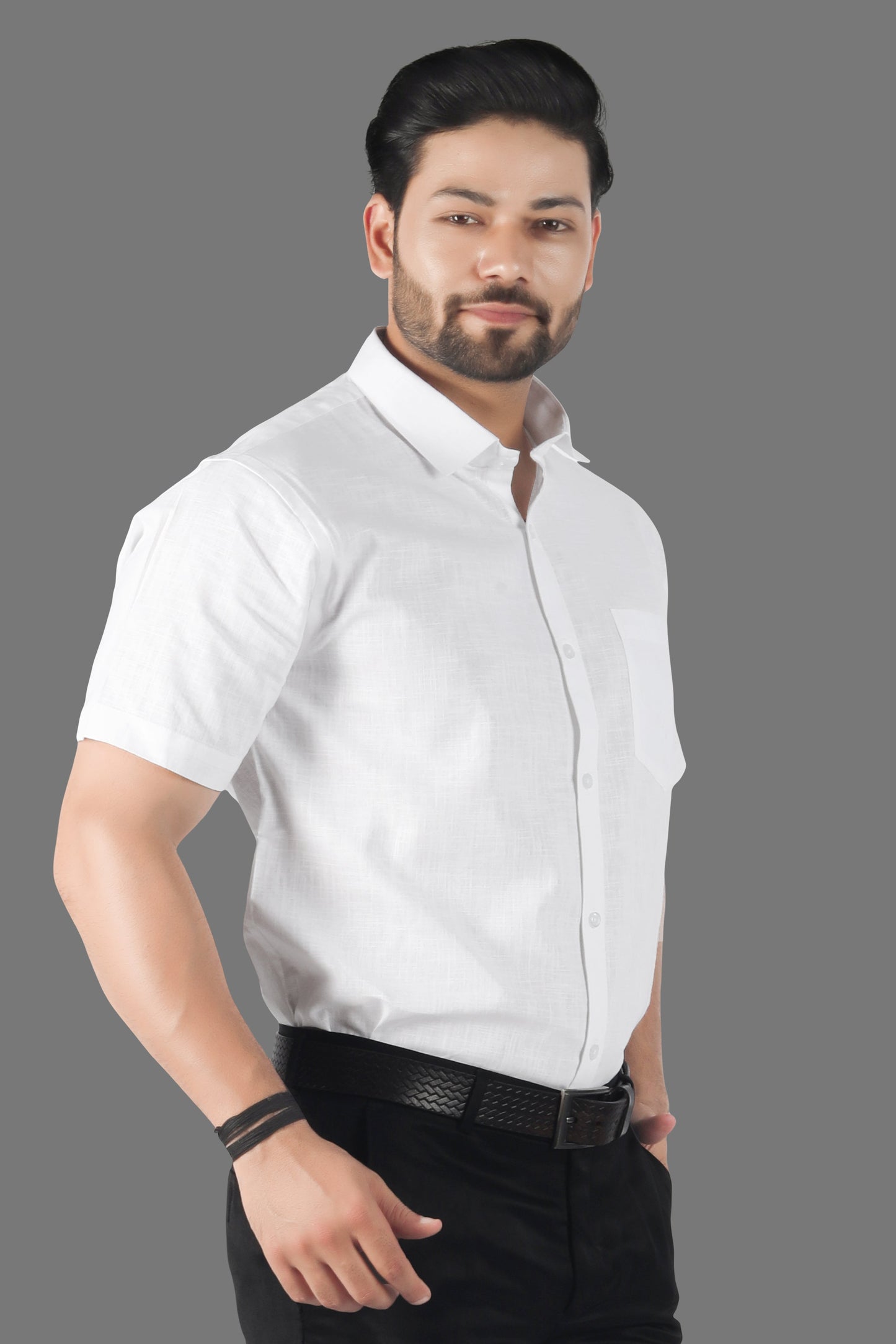 White linen cotton shirt half sleeves styled with chinos