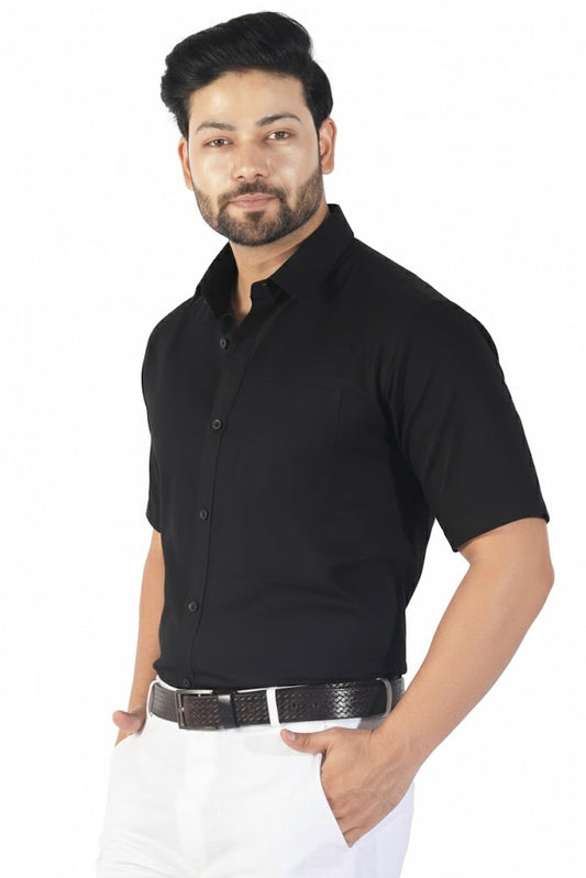 Black half sleeve linen shirt for men with soft breathable fabric, perfect for summer wear.
