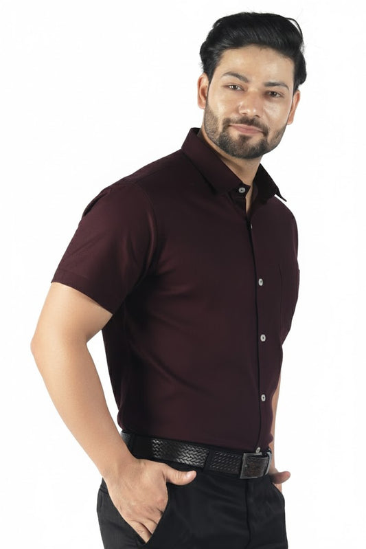 Men’s purple linen half sleeve shirt side view showing premium stitching and smooth linen texture.