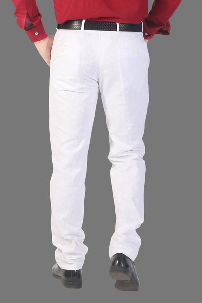 Men's White Linen Blended Trousers - Regular Fit