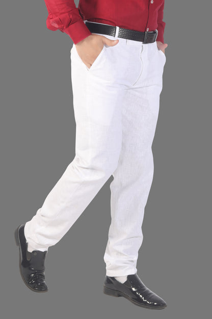 Men's White Linen Blended Trousers - Regular Fit