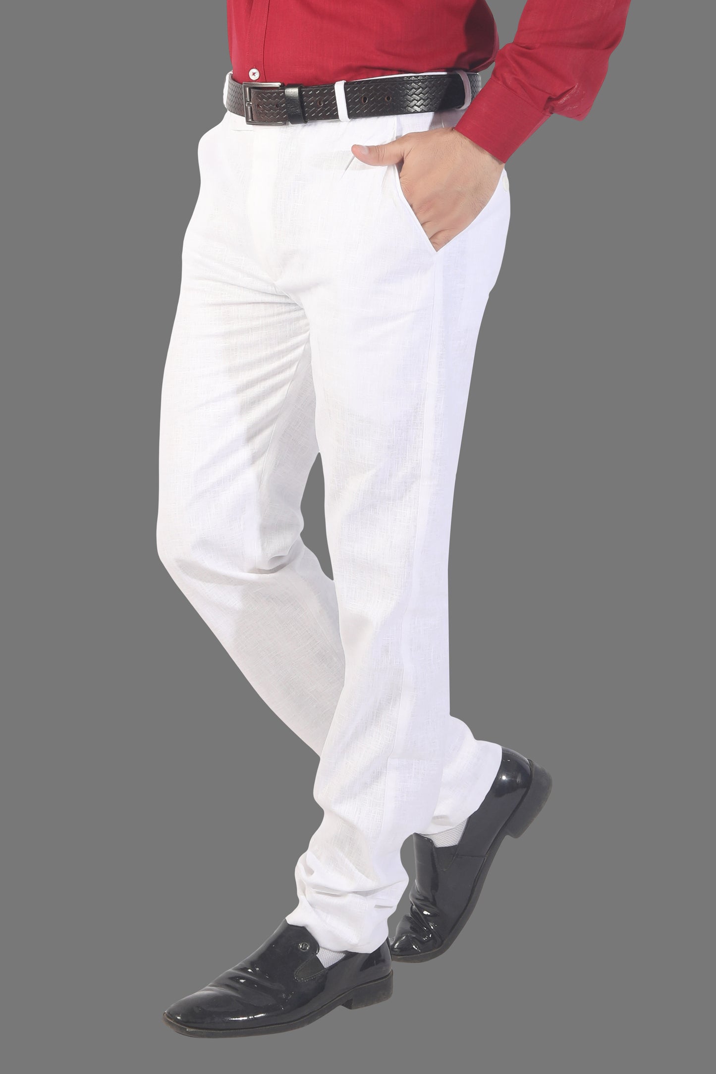 Men's White Linen Blended Trousers - Regular Fit