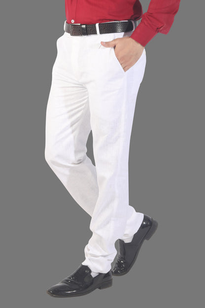 Men's White Linen Blended Trousers - Regular Fit