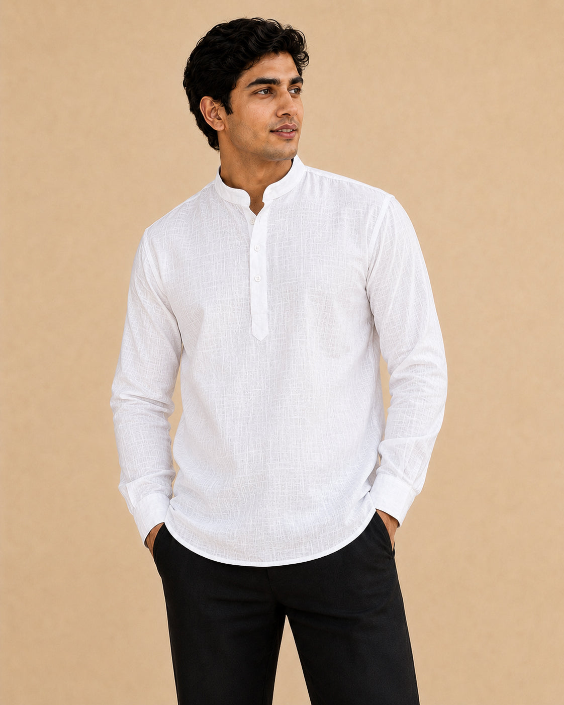 Pure White Lyocell Linen Short Kurta Full Sleeves