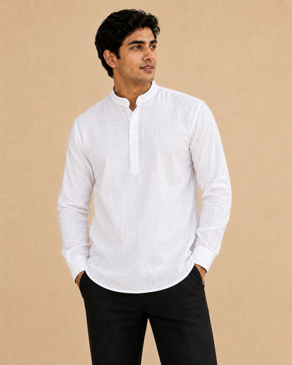 Pure White Lyocell Linen Short Kurta Full Sleeves