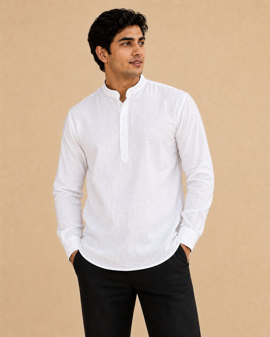 Pure White Lyocell Linen Short Kurta Full Sleeves