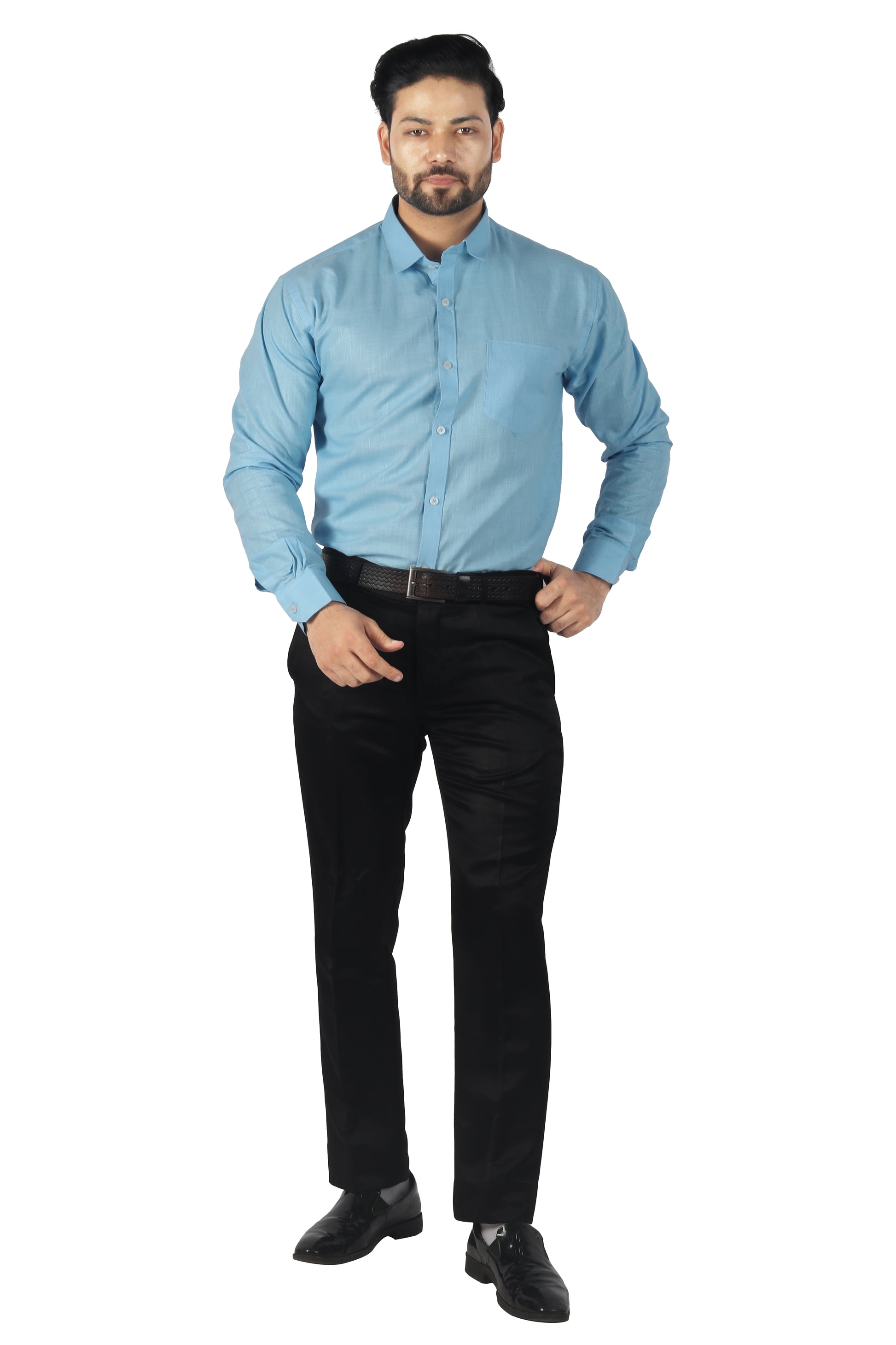 Blue linen cotton shirt styled with chinos