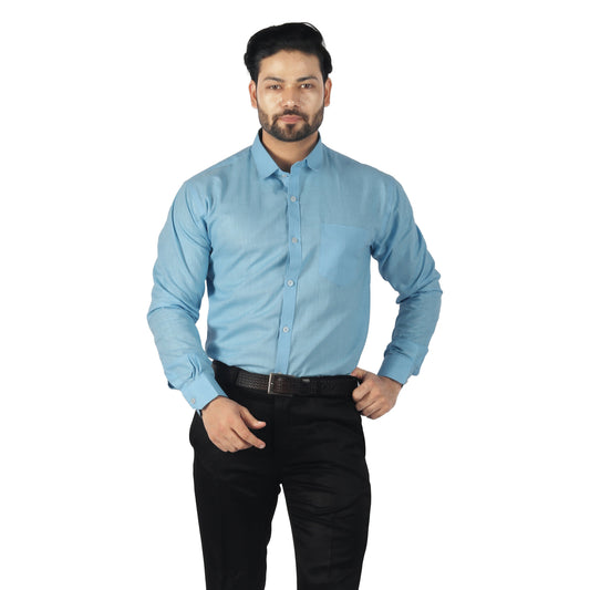 Blue linen cotton shirt styled with chinos
