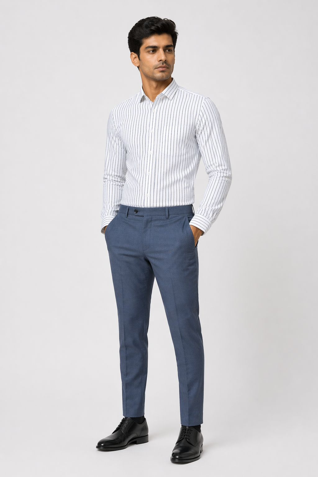 Navy Blue Lining Shirt +  Black Linen Trousers