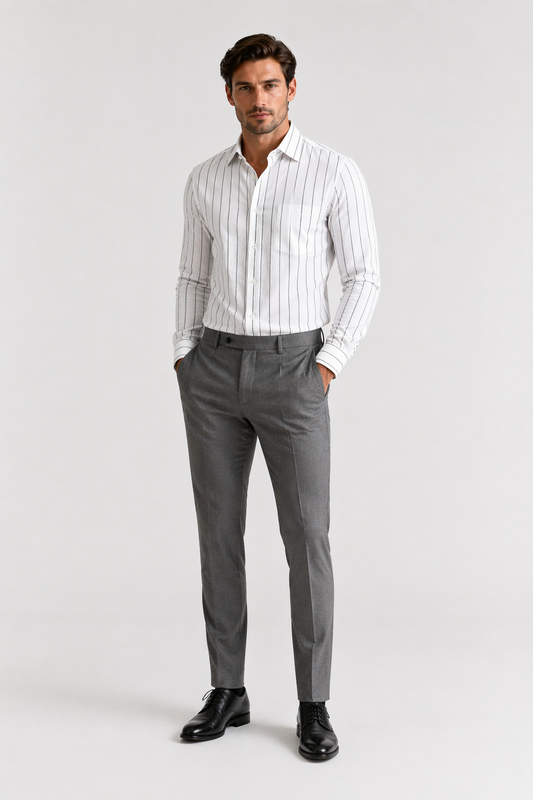 Grey Broad Lining Shirt + Black Trousers