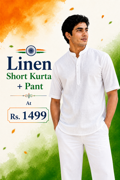 Pure White Lyocell Linen Short Kurta Half Sleeves + White Pant