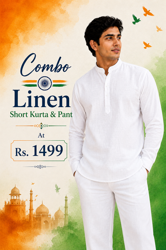 Combo White Linen Short Kurta Full Sleeves & White  Pant