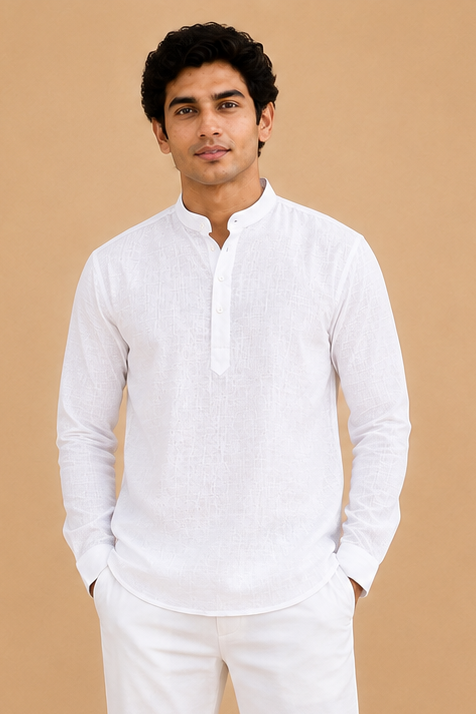 Combo White Linen Short Kurta Full Sleeves & White  Pant