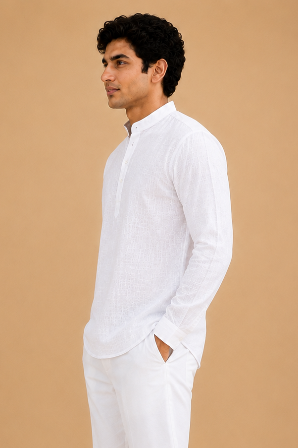 Combo White Linen Short Kurta Full Sleeves & White  Pant