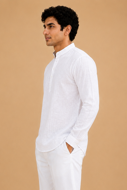 Combo White Linen Short Kurta Full Sleeves & White  Pant