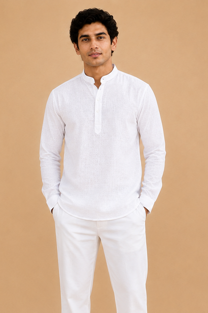 Pure White Lyocell Linen Short Kurta Full Sleeves