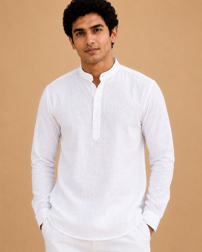 Pure White Lyocell Linen Short Kurta Full Sleeves