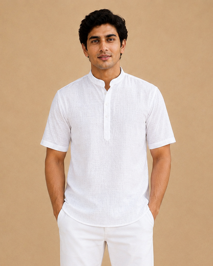 Pure White Lyocell Linen Short Kurta Half Sleeves