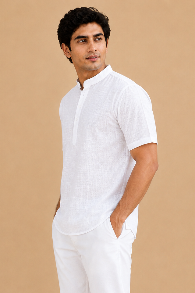Pure White Lyocell Linen Short Kurta Half Sleeves