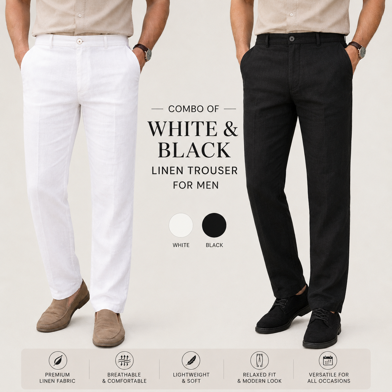 Combo of White & Black Linen Trousers for Men | Pack of 2 Linen Pants