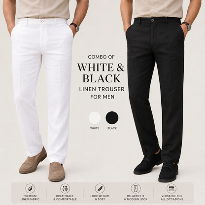 Combo of White & Black Linen Trousers for Men | Pack of 2 Linen Pants