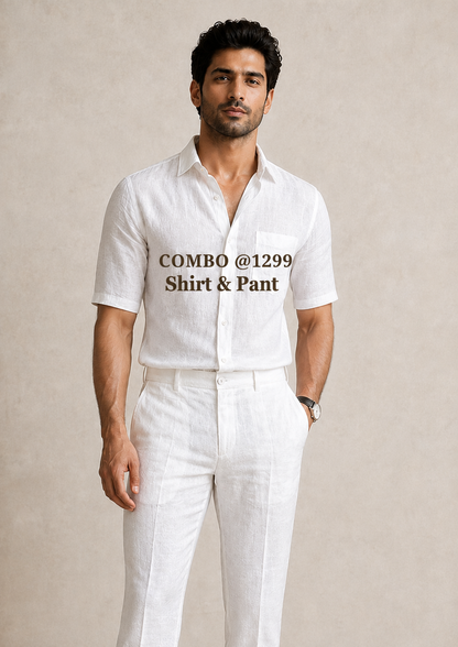Combo White Linen Cotton Shirt Half Sleeves and White Pant