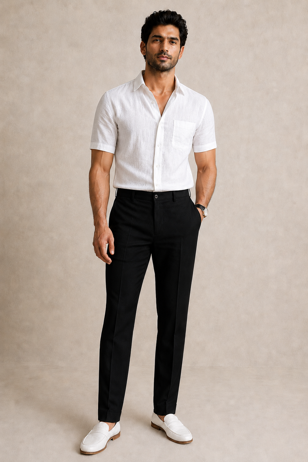 White Shirt Half Sleeves & Black Trouser Linen Cotton Combo for Men