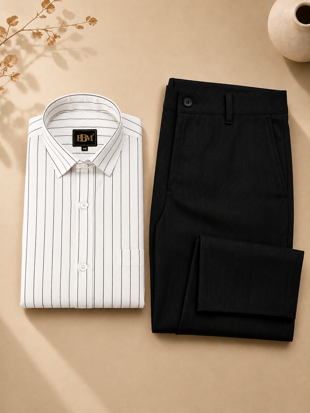 Dark Brown Lining Formal Shirt +  Black Linen Trousers