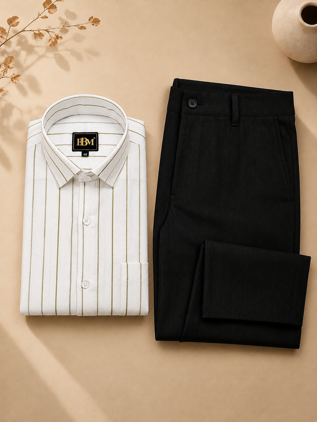 Green Broad Lining Shirt + Black Linen Trousers Formal Wear Pant