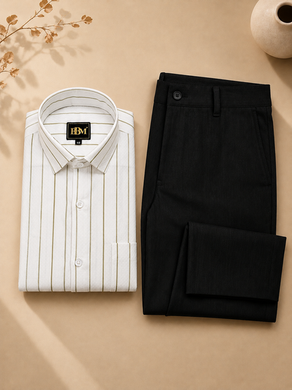 Green Broad Lining Shirt + Black Linen Trousers Formal Wear Pant