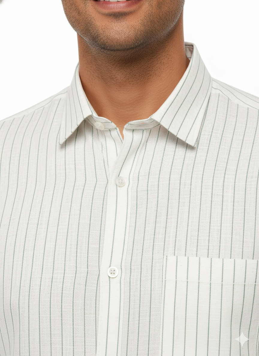 Green Stripes Linen Cotton Lining Shirt for Men