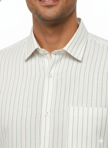 Green Stripes Linen Cotton Lining Shirt for Men