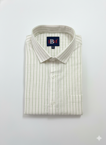 Green Stripes Linen Cotton Lining Shirt for Men