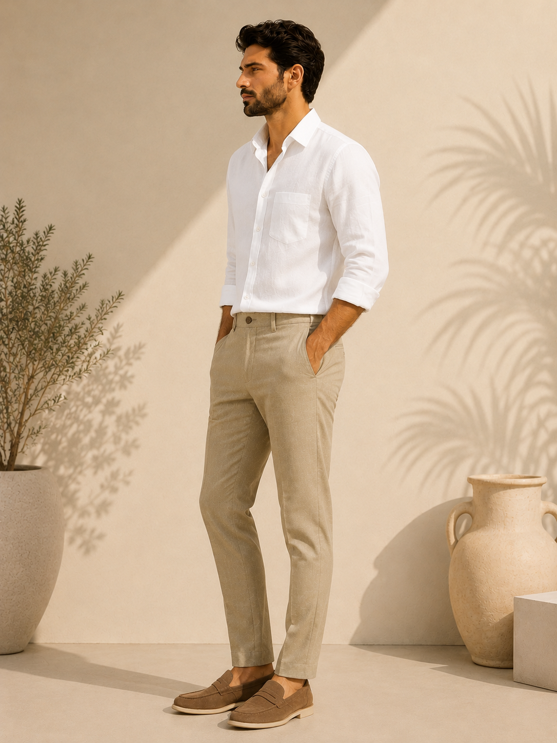 White Linen Cotton Shirt +  Khaki Linen Trousers