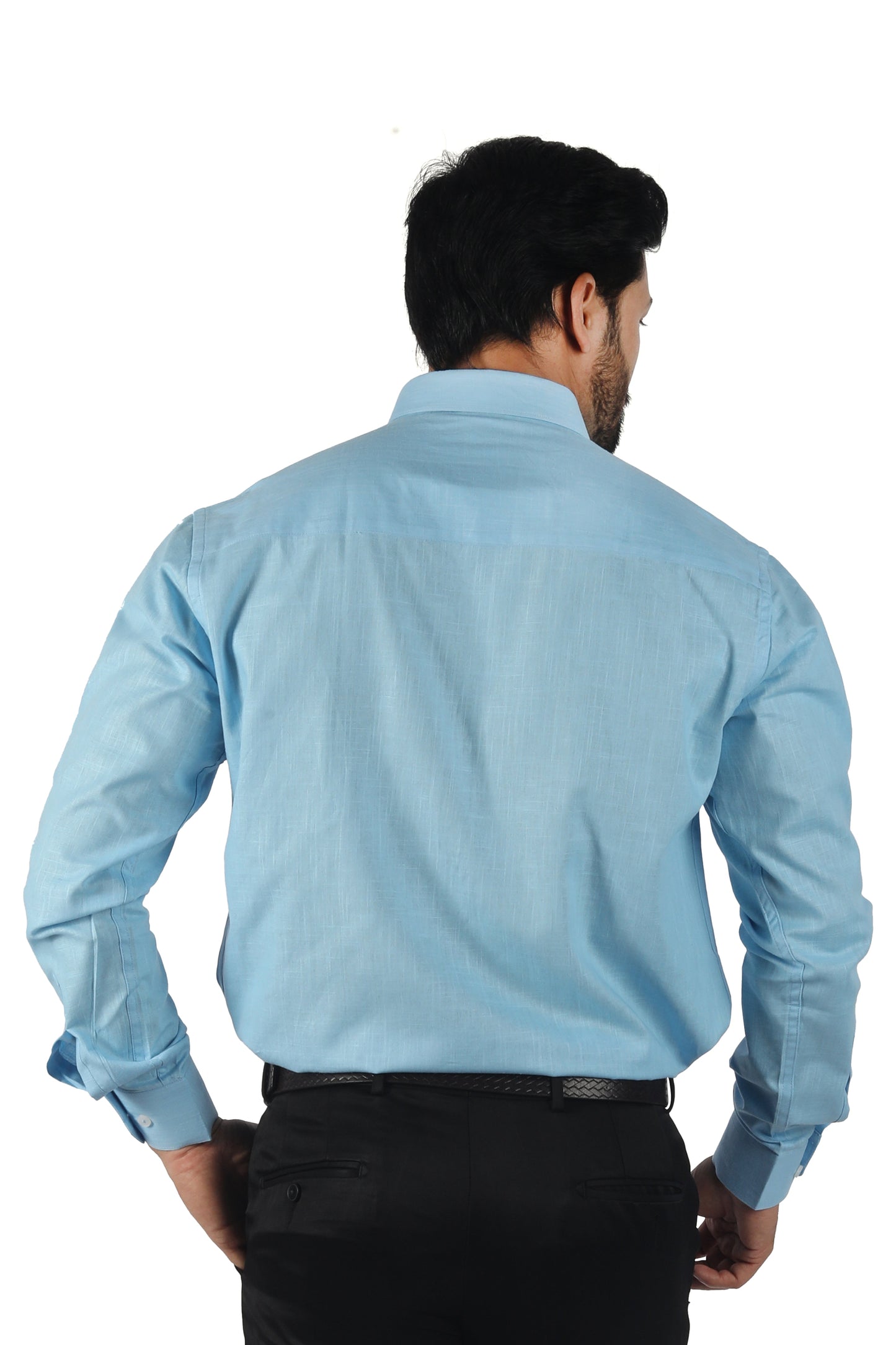 Men’s blue linen cotton blended shirt back view