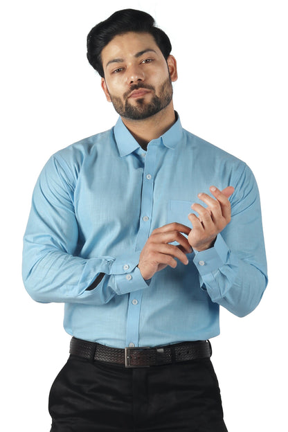 Men’s blue linen cotton blended shirt front view