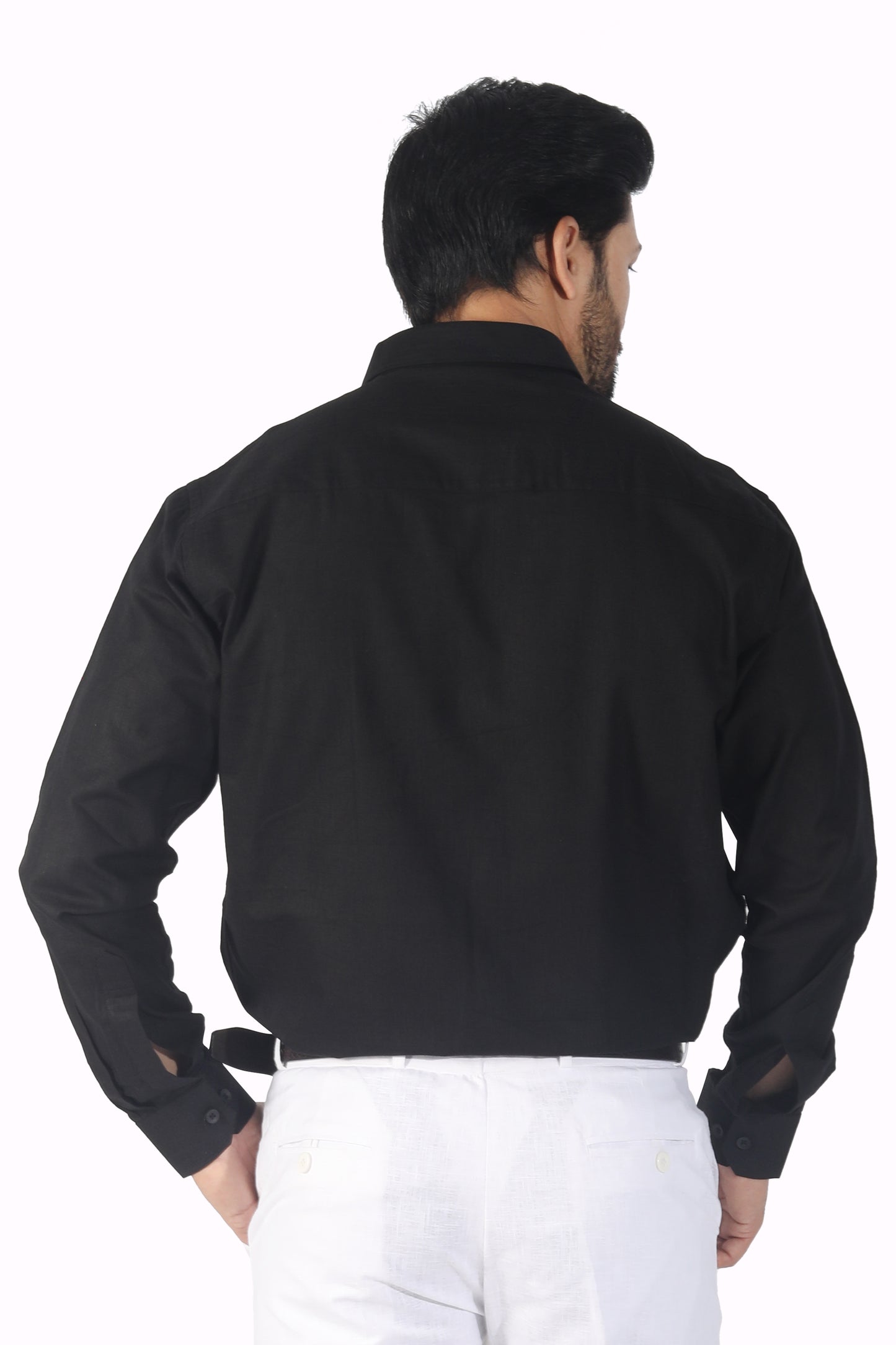Men’s classic black linen cotton shirt back view