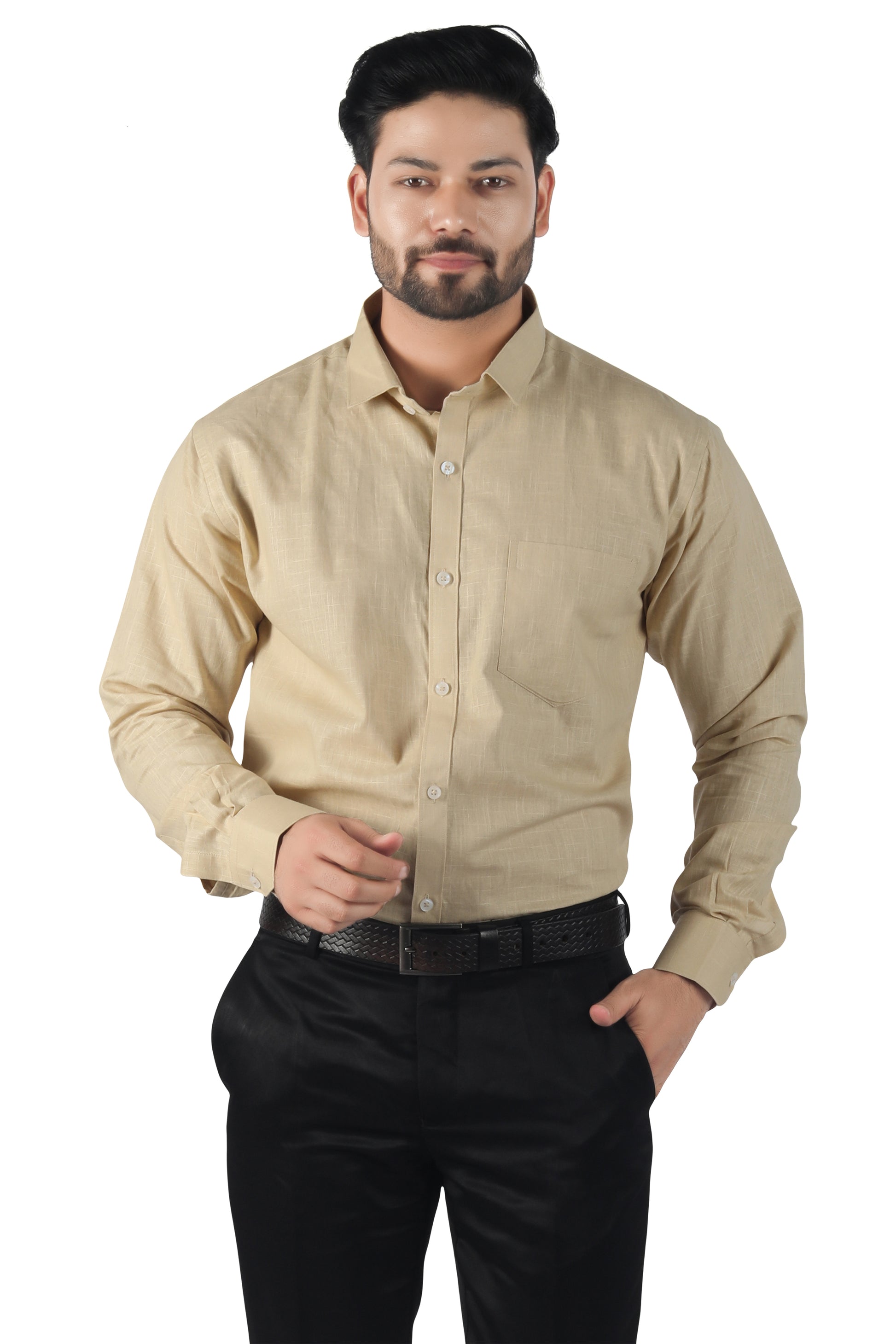 Men’s khaki beige linen cotton shirt front view