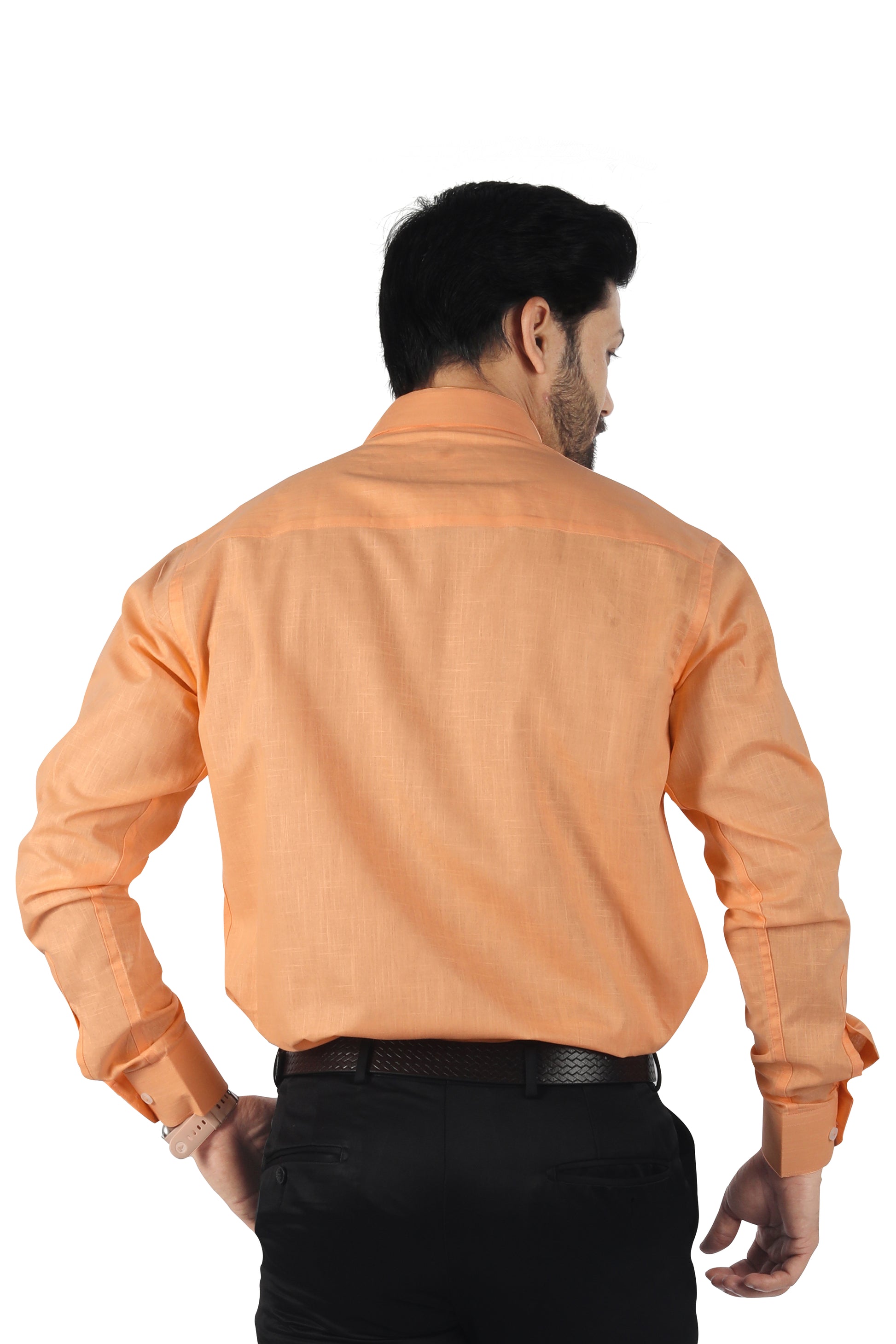 Men’s orange linen cotton blended shirt back view