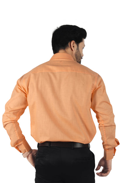 Men’s orange linen cotton blended shirt back view