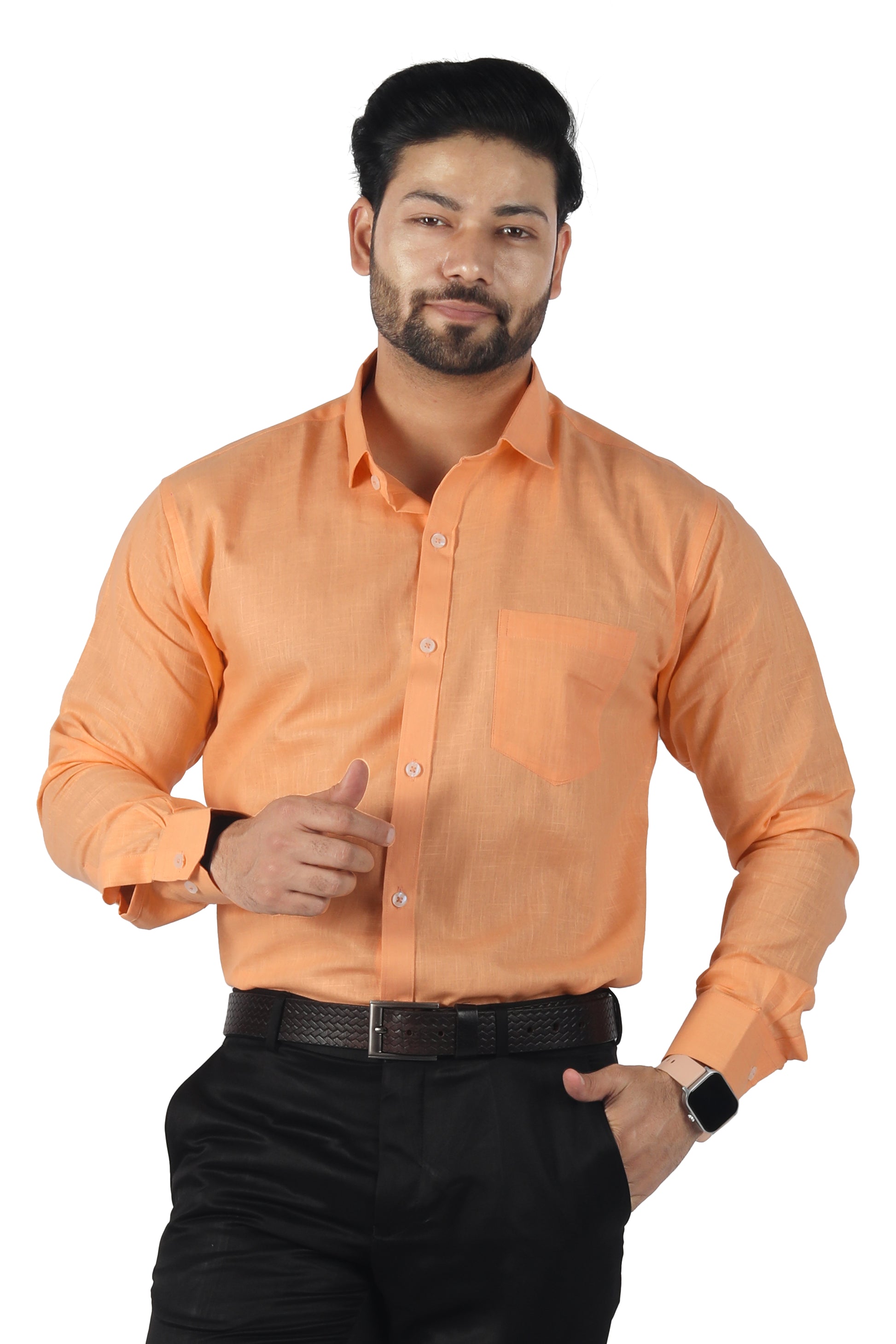 Men’s orange linen cotton blended shirt front view