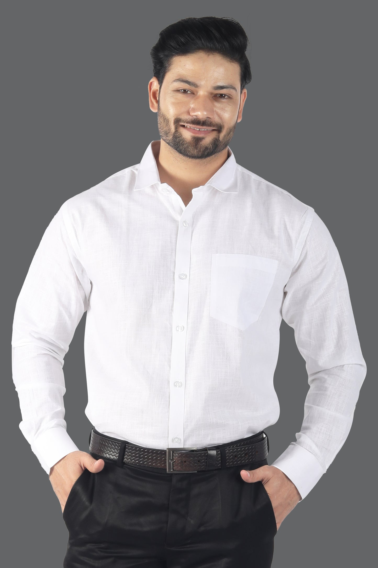 Men’s white linen cotton blended shirt front view