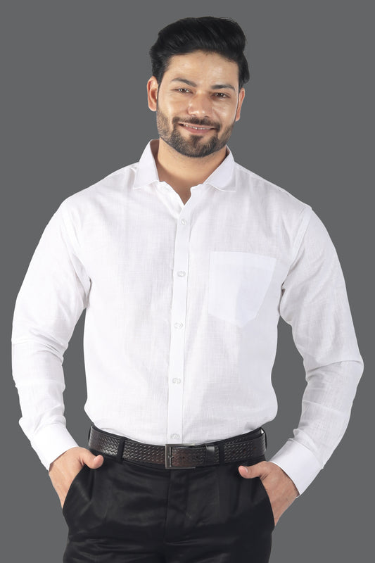 Men’s white linen cotton blended shirt front view