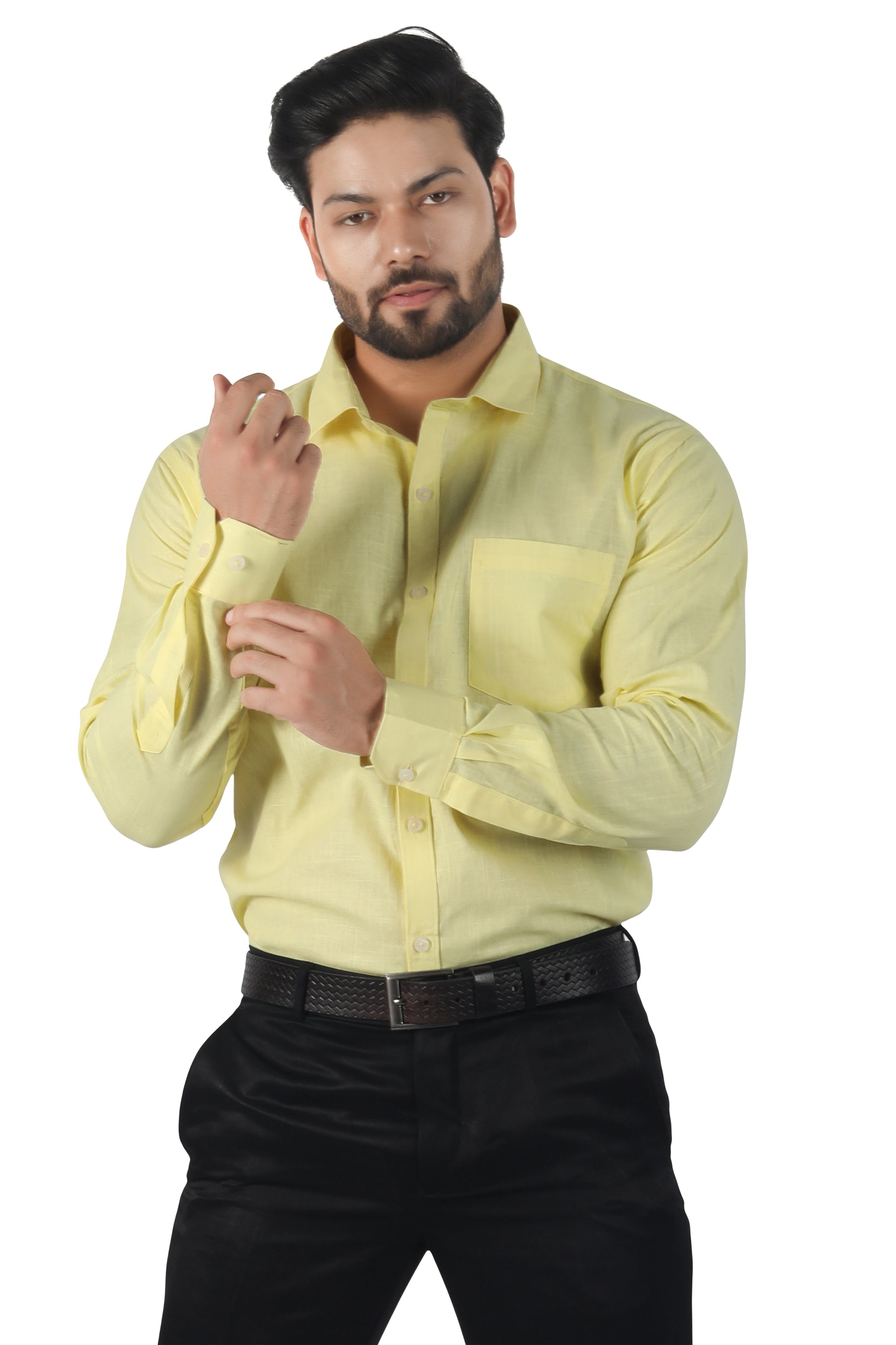 Men’s yellow linen cotton shirt front view