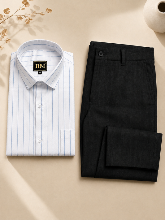 Blue Broad Lining Formal Shirt for Men + Black Linen Trousers Formal Wear Pant
