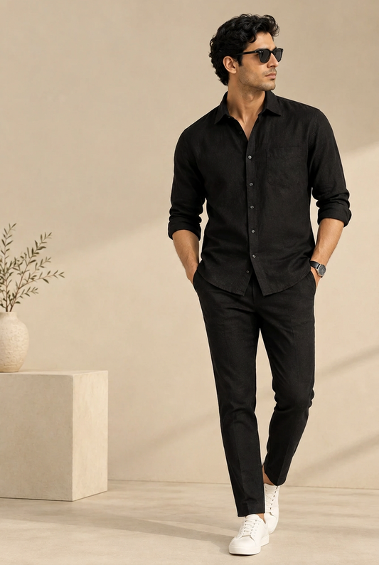 Black Linen Cotton Shirt +  Black Linen Trousers