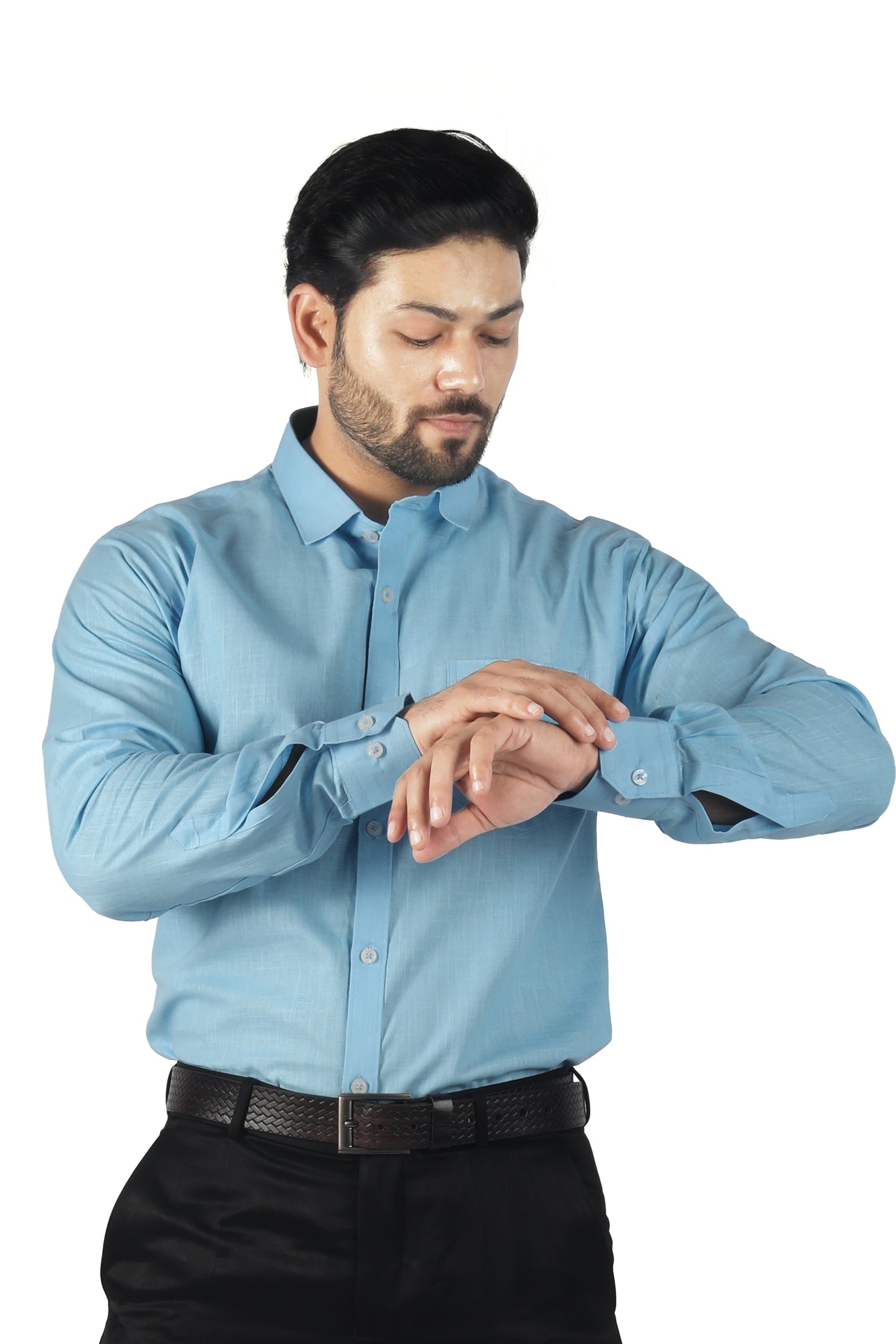Model wearing full sleeve blue linen cotton shirt