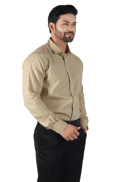 Model wearing full sleeve khaki beige linen shirt