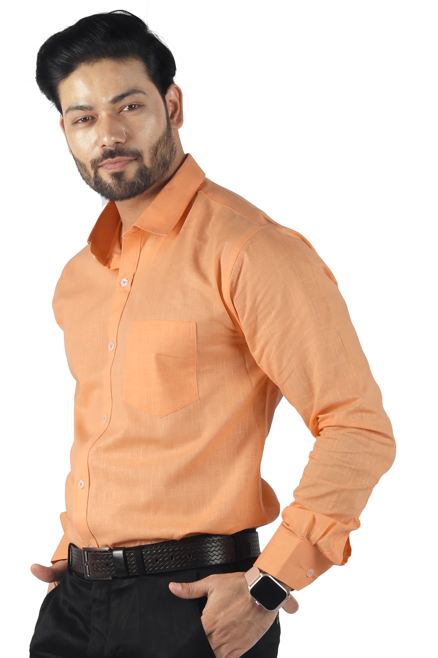 Model wearing full sleeve orange linen cotton shirt